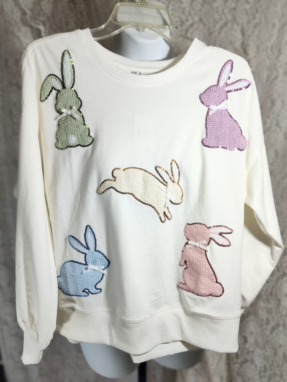 Cato White Sweatshirt with Gold and Pink Sequin Bunny Appliqués